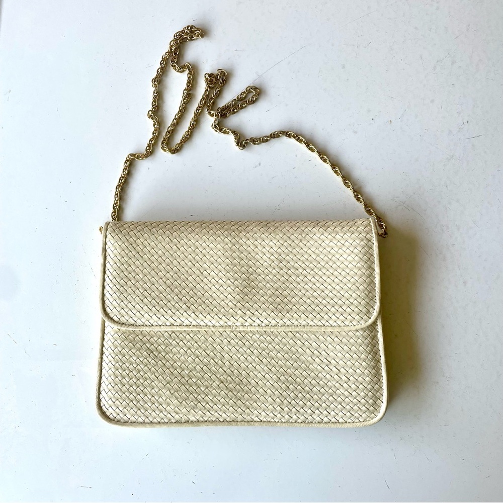 Vintage 80s Cream Leather Woven Purse Clutch